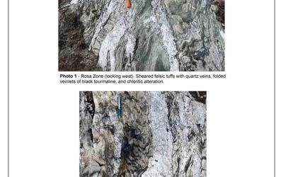 Zone Rosa (vue vers l’ouest). Tufs felsiques cisaillés contenant des veines de quartz, de petites veinules de tourmaline noire plissées et une altération chloritique.